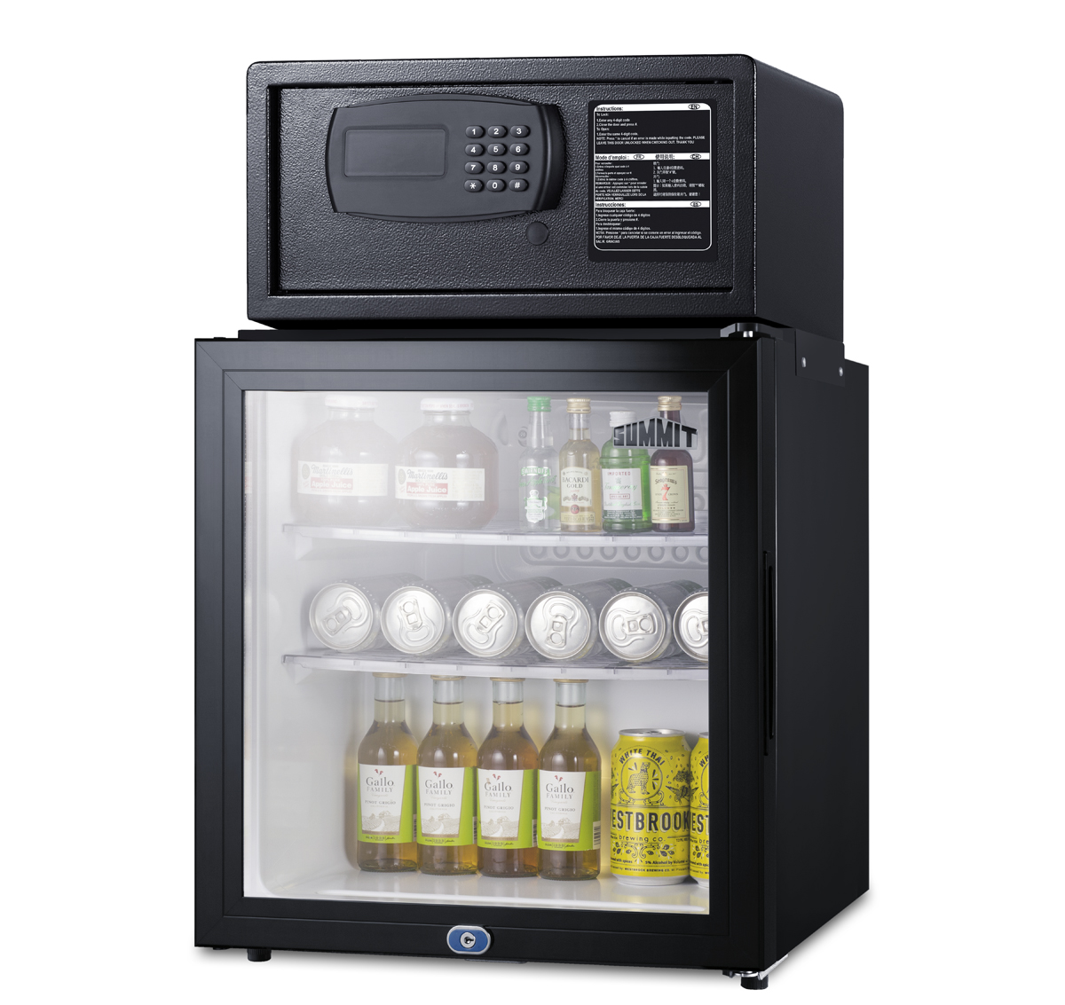 Compact minibar with front lock and glass door with an in-room hotel safe in black with digital keypad lock